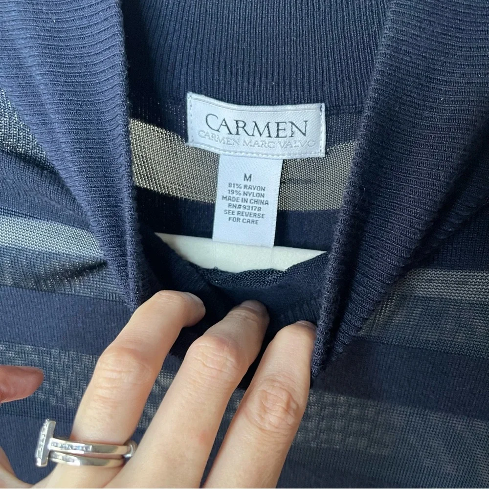 Carmen Marc Valvo Navy Sheer Stripe Mock Neck Top Size M - Picture 3 of 4